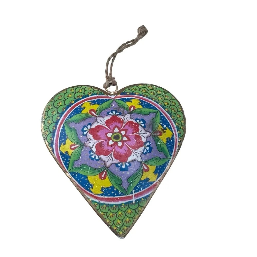 Large Metal Colorful Hand Painted Metal 2 Side 3D Hanging Heart Ornament Boho 4